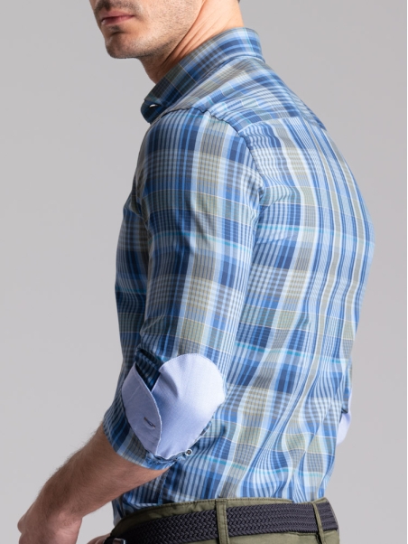 Camisa de madrás para hombre con cuello semifrancés y parches