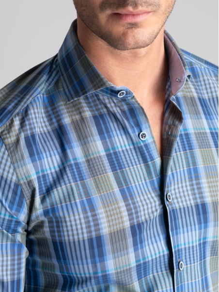 Camisa de madrás para hombre con cuello semifrancés y parches