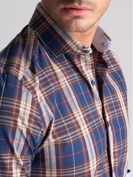 Camicia uomo madras blu e sabbia collo semi francese