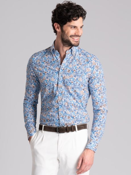 Camisa con cuello abotonado azul y marrón estampada para hombre