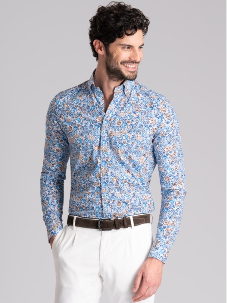 Camicia uomo fantasia blu e marrone collo button down