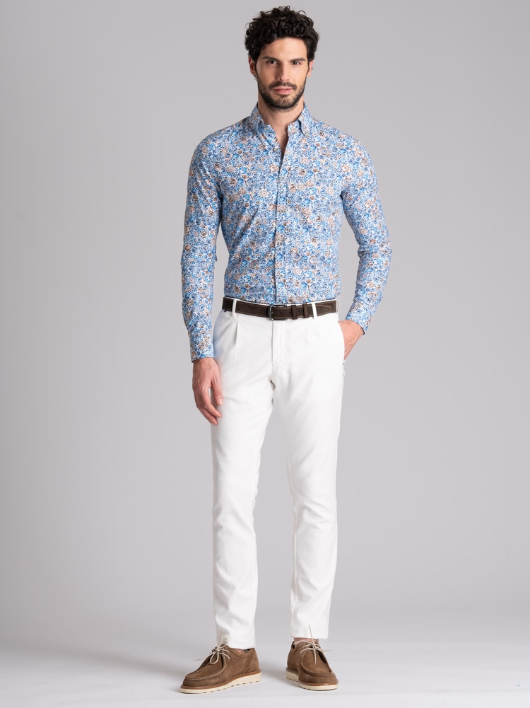 Camicia uomo fantasia blu e marrone collo button down