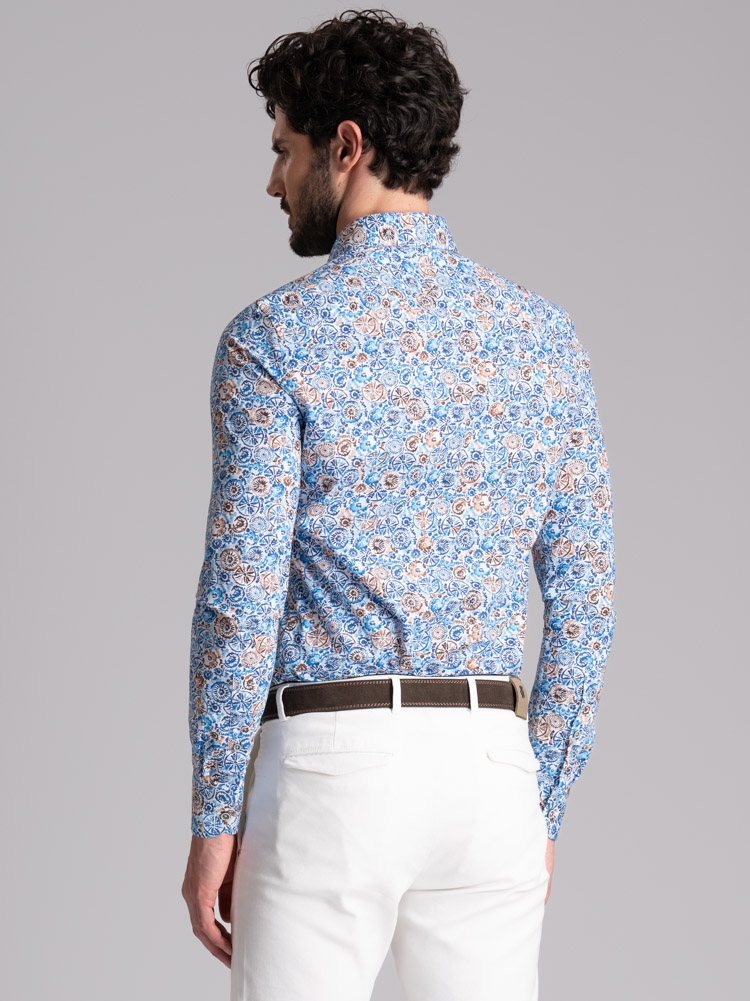 Camicia uomo fantasia blu e marrone collo button down