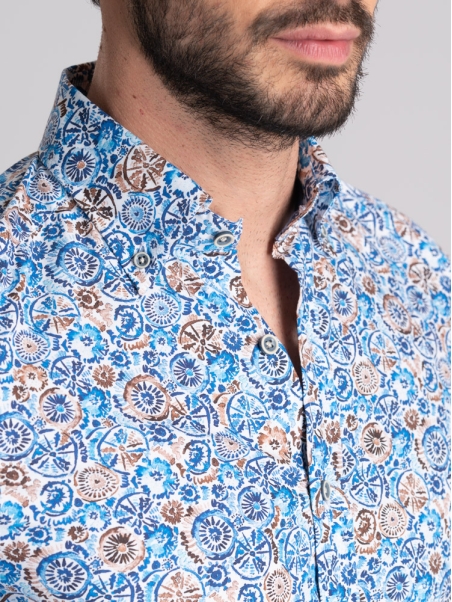 Camicia uomo fantasia blu e marrone collo button down