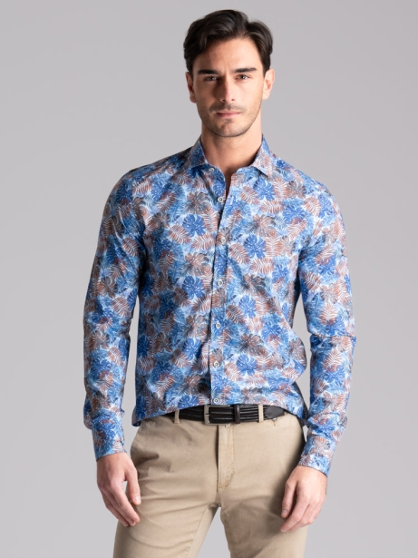 Camisa de hombre con estampado de hojas hawaianas Cuello semifrancés