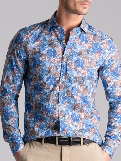 Camisa de hombre con estampado de hojas hawaianas Cuello semifrancés 2