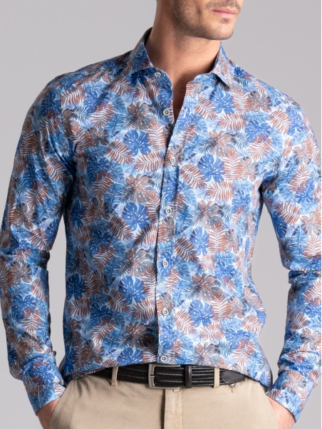 Camicia uomo fantasia foglie Hawaii collo semi francese