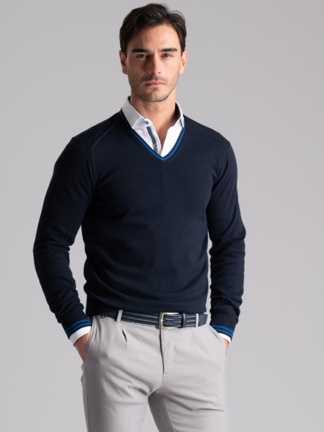 Jersey de hombre de algodón con cuello de pico y contrastes