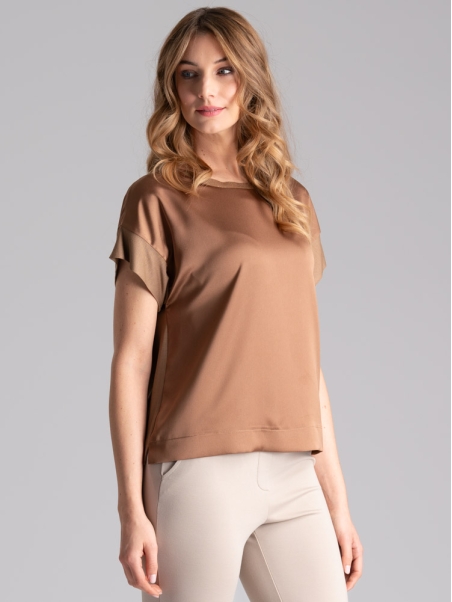 Camisa de mujer en dos tejidos cuello redondo manga baja