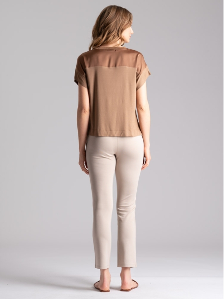 Camisa de mujer en dos tejidos cuello redondo manga baja