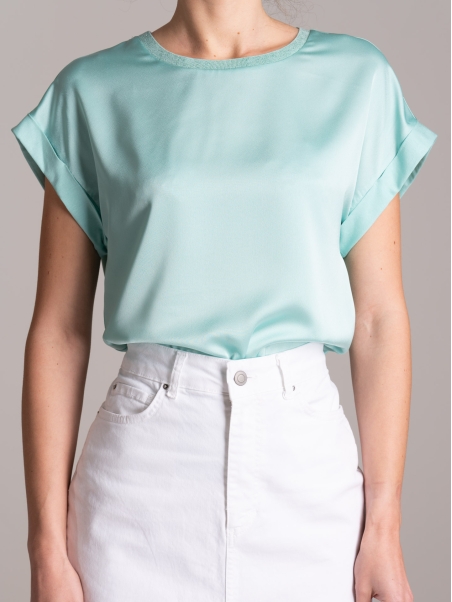 Camisa de mujer en dos tejidos cuello redondo manga baja