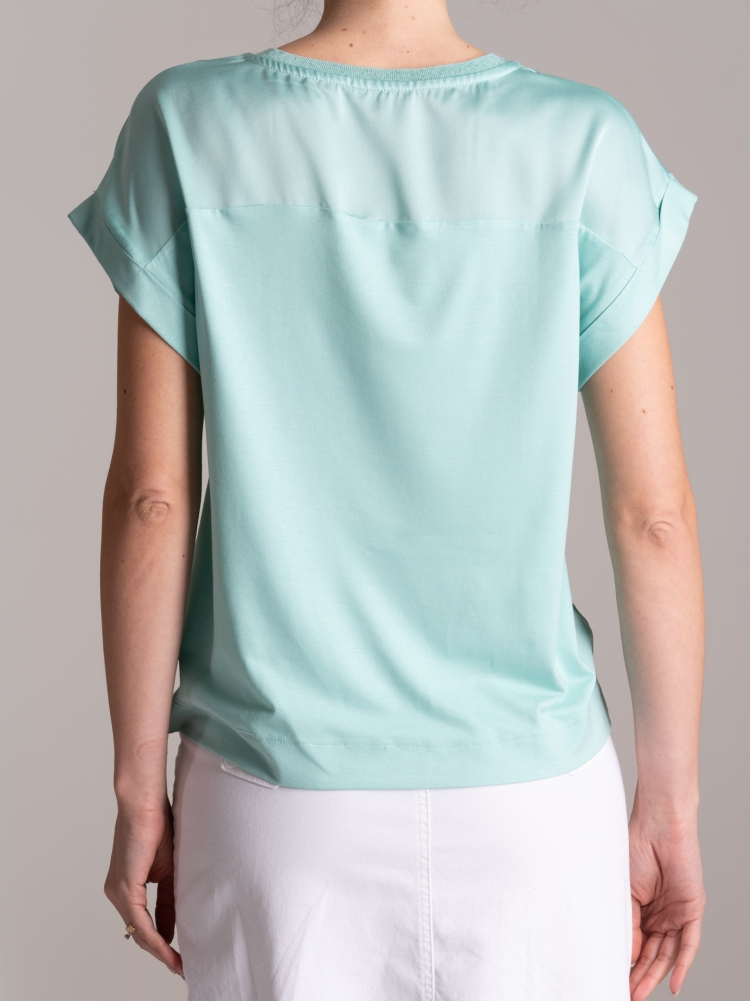 Camisa de mujer en dos tejidos cuello redondo manga baja