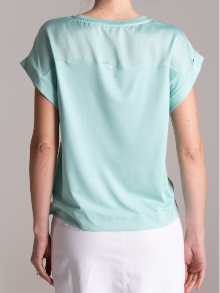 Camisa de mujer en dos tejidos cuello redondo manga baja