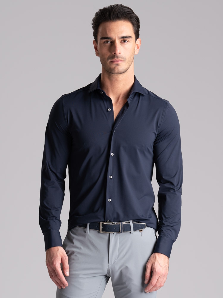 Camisa calada azul de hombre TECNO cuello semifrancés