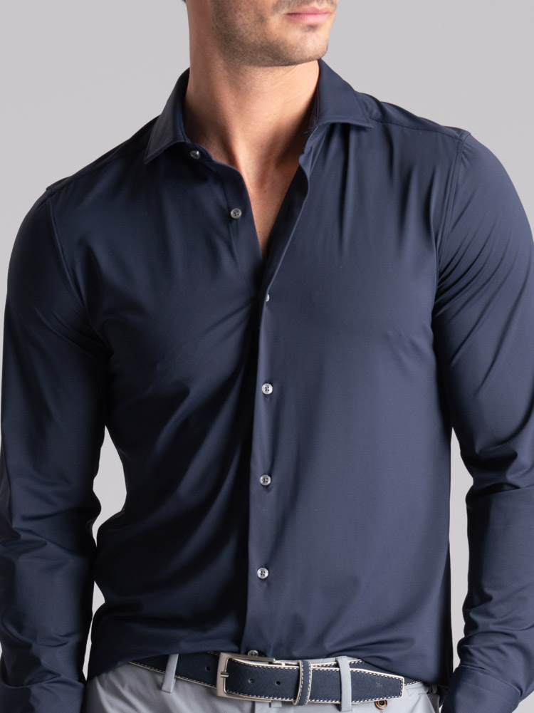 Camicia uomo TECNO blu traforata collo semi francese