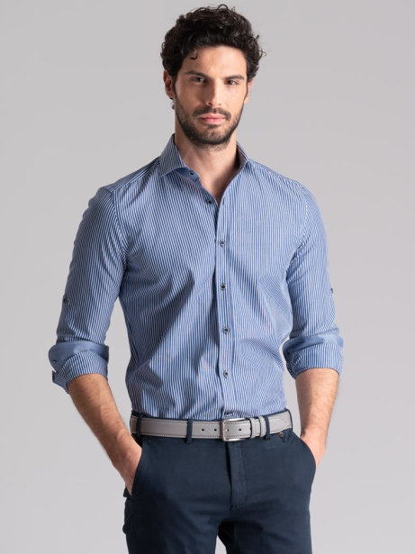 Camisa de rayas para hombre con cierre de velcro y cuello semidesplegado
