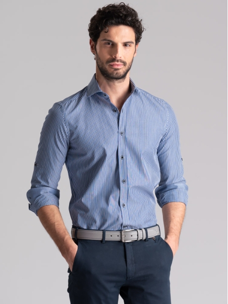 Camisa de rayas para hombre con cierre de velcro y cuello semidesplegado