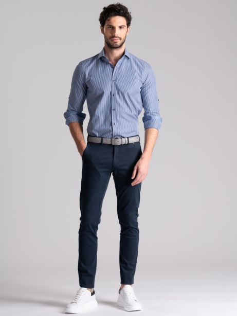 Camisa de rayas para hombre con cierre de velcro y cuello semidesplegado 2