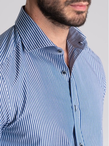 Camisa de rayas para hombre con cierre de velcro y cuello semidesplegado