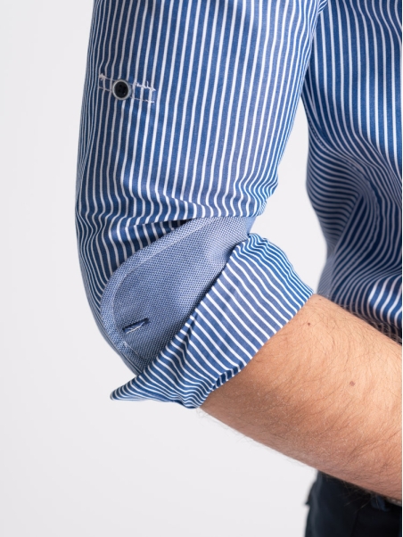 Camisa de rayas para hombre con cierre de velcro y cuello semidesplegado