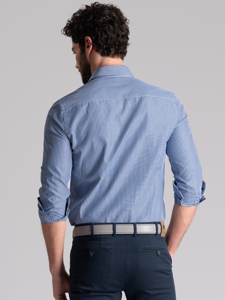 Camisa de rayas para hombre con cierre de velcro y cuello semidesplegado