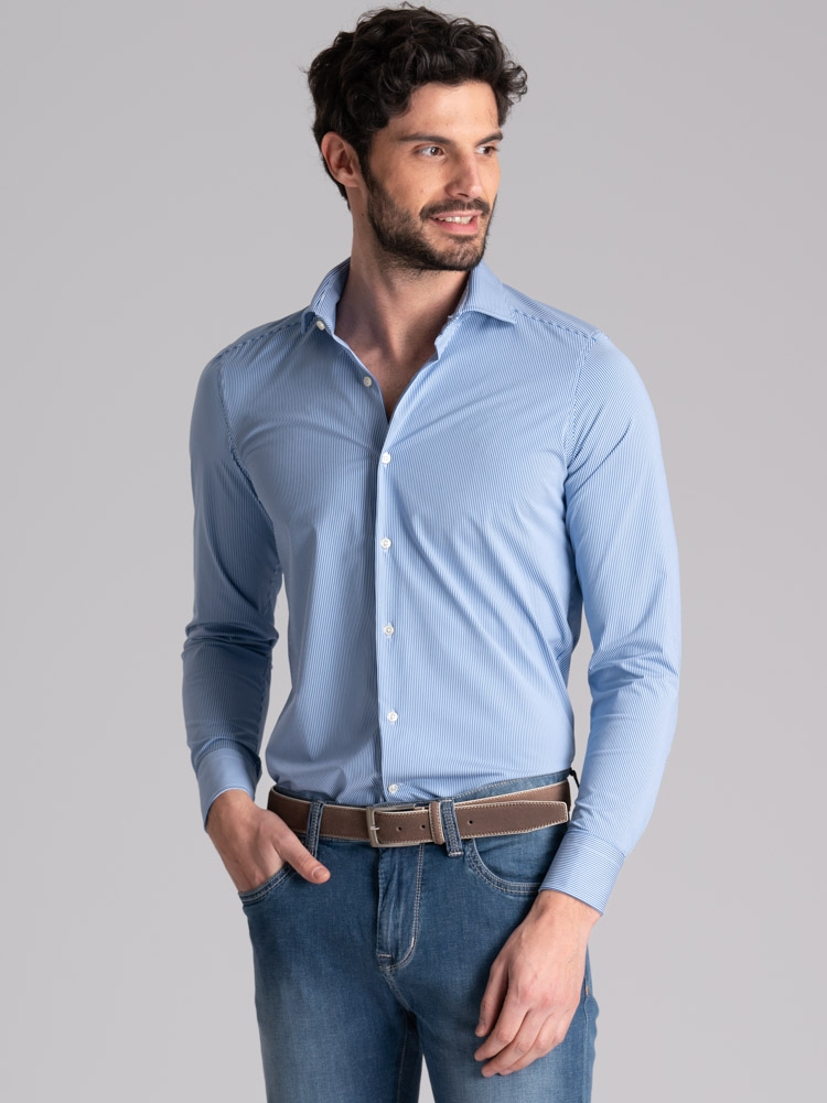 Camisa de hombre TECNO micro raya cuello semifrancés