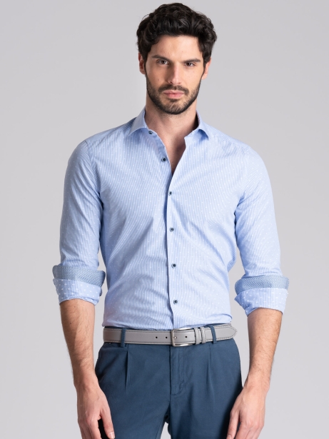 Camisa de rayas para hombre azul y blanca cuello semifrancés