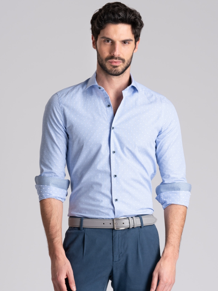 Camisa de rayas para hombre azul y blanca cuello semifrancés