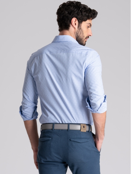 Camisa de rayas para hombre azul y blanca cuello semifrancés