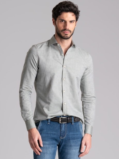 Camisa de cuello semifrancés en mezcla de lino verde para hombre