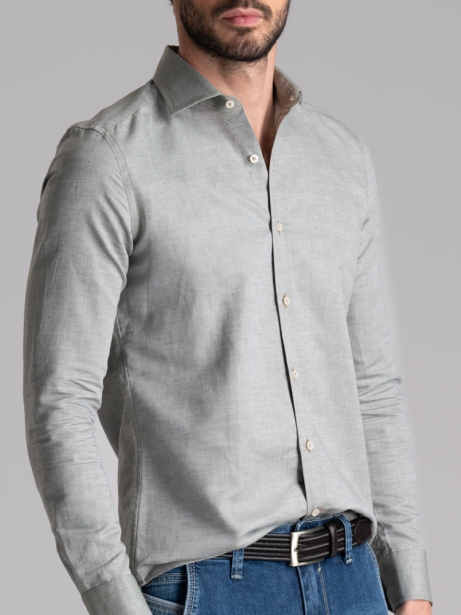 Camisa de cuello semifrancés en mezcla de lino verde para hombre 2
