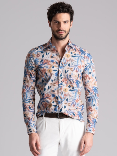 Camicia uomo fantasia foglie e fiori collo semi francese