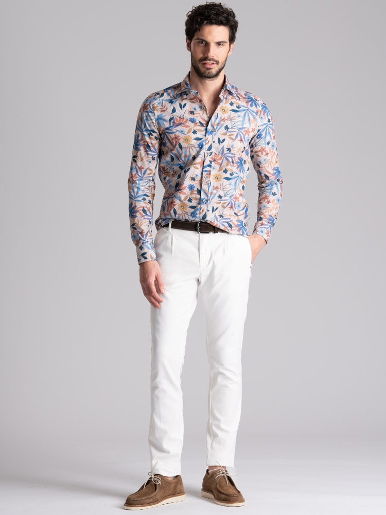 Camicia uomo fantasia foglie e fiori collo semi francese