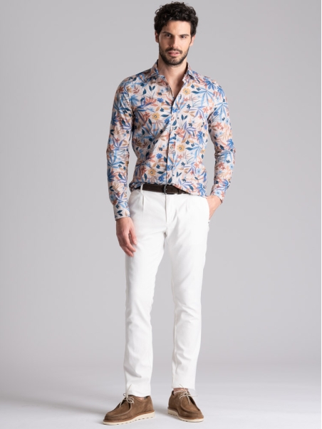 Camicia uomo fantasia foglie e fiori collo semi francese