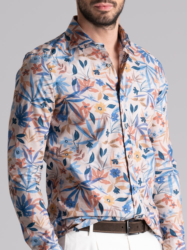 Camisa de hombre con estampado de hojas y flores Cuello semifrancés
