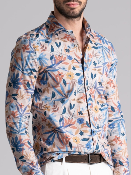 Camicia uomo fantasia foglie e fiori collo semi francese