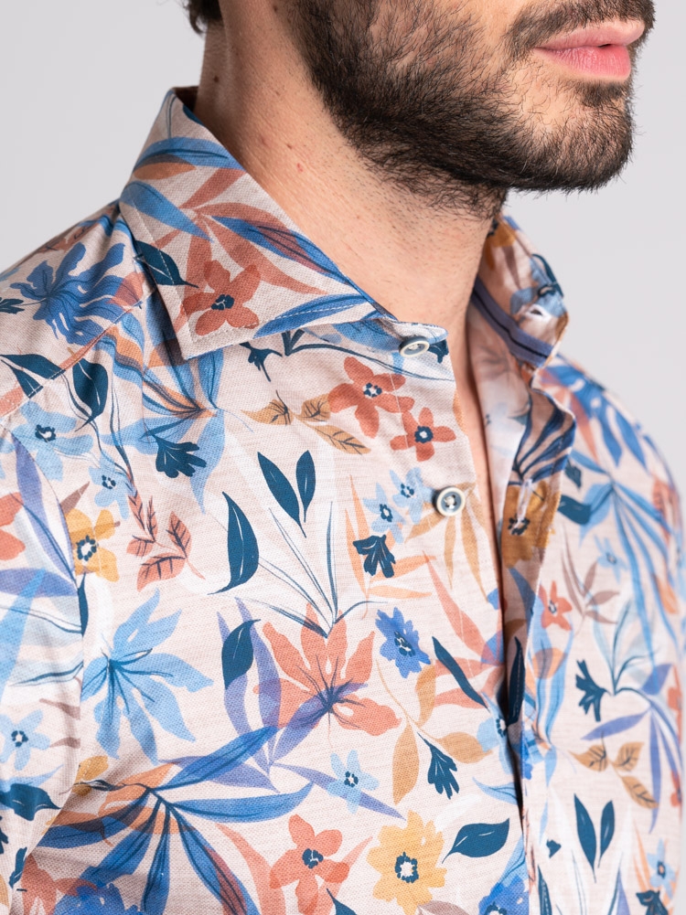 Camicia uomo fantasia foglie e fiori collo semi francese