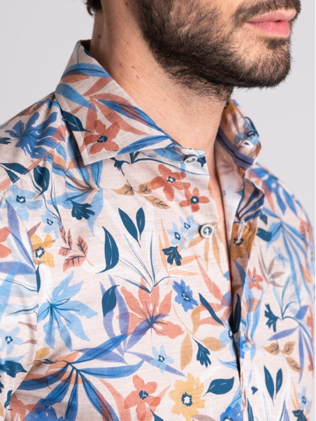 Camicia uomo fantasia foglie e fiori collo semi francese