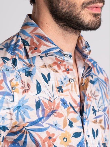 Camisa de hombre con estampado de hojas y flores Cuello semifrancés