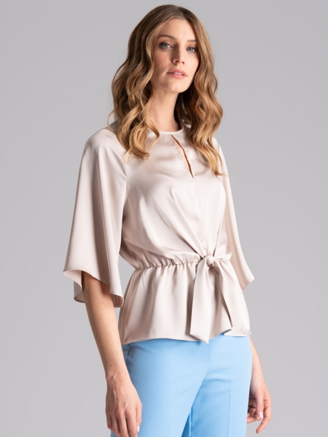 Camisa de satén para mujer con nudo asimétrico de imitación