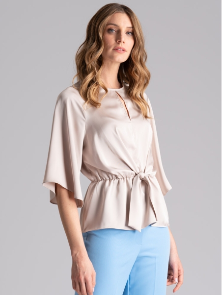 Camisa de satén para mujer con nudo asimétrico de imitación