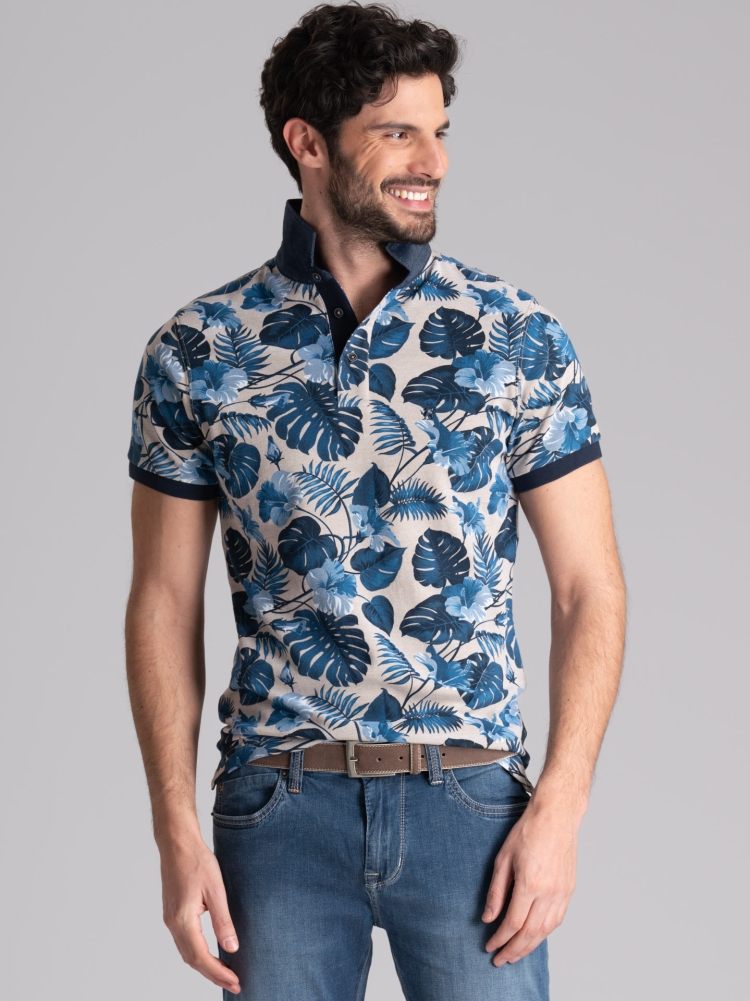 Polo de media manga para hombre en algodón de dos hilos con estampado hawaiano