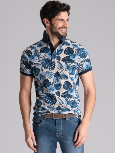 Polo de media manga para hombre en algodón de dos hilos con estampado hawaiano