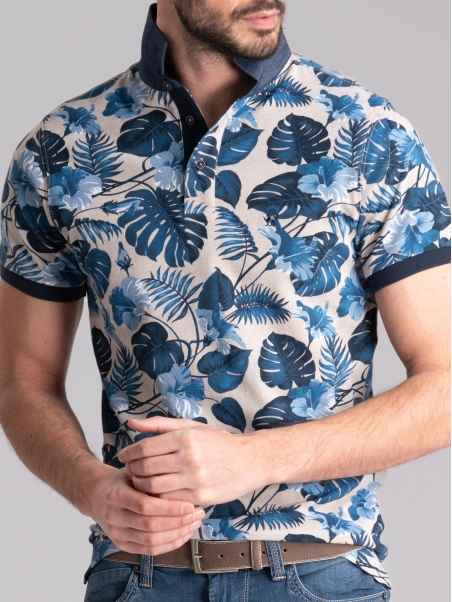 Polo de media manga para hombre en algodón de dos hilos con estampado hawaiano
