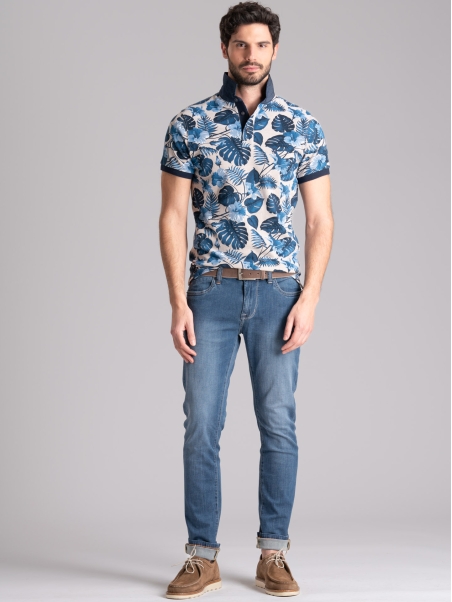 Polo de media manga para hombre en algodón de dos hilos con estampado hawaiano