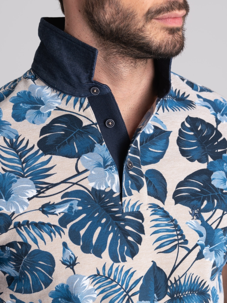 Polo de media manga para hombre en algodón de dos hilos con estampado hawaiano