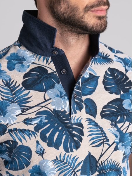 Polo de media manga para hombre en algodón de dos hilos con estampado hawaiano