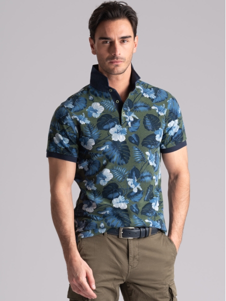 Polo de media manga para hombre en algodón de dos hilos con estampado hawaiano