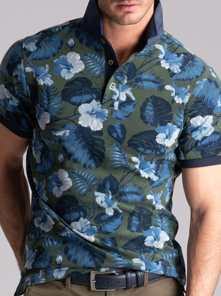 Polo de media manga para hombre en algodón de dos hilos con estampado hawaiano