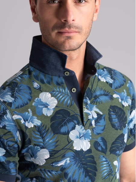 Polo de media manga para hombre en algodón de dos hilos con estampado hawaiano